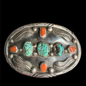 Vintage Native Style Sterling Silver Turquoise & Coral Belt Buckle Heavy, 87.77g
